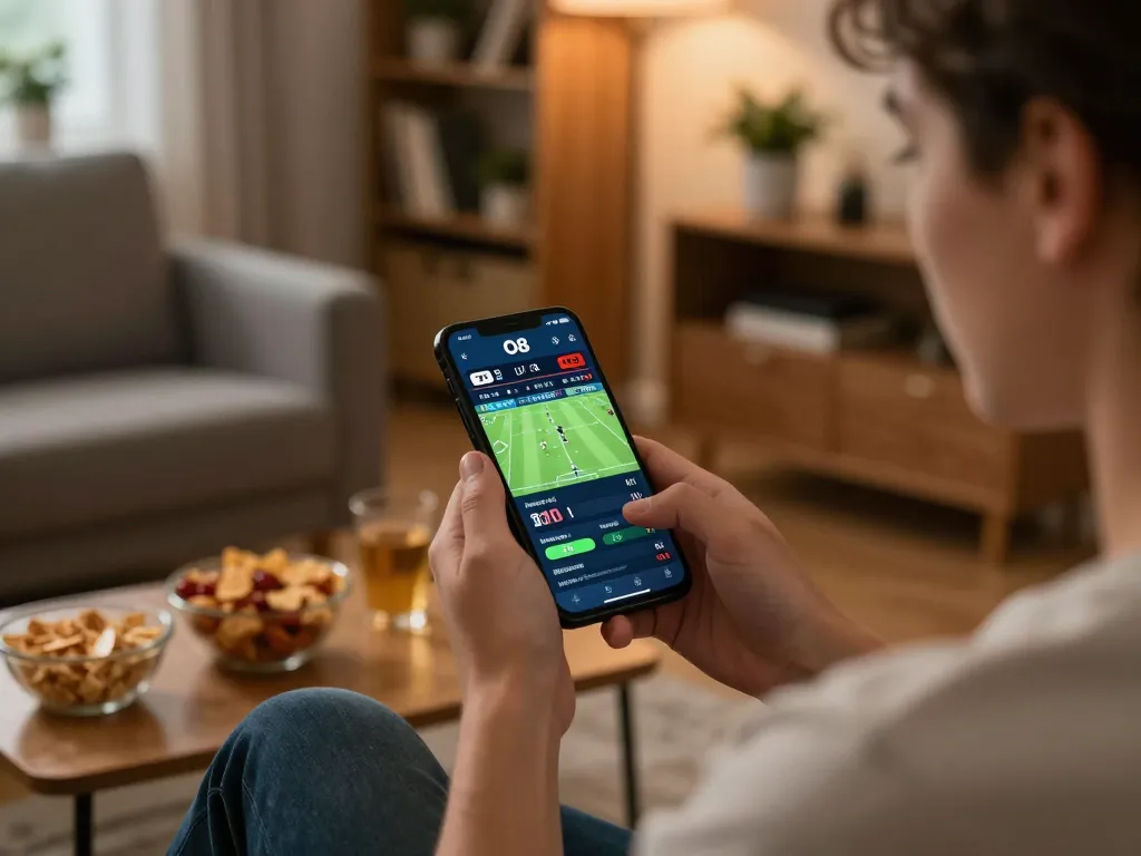 Person engaging in exciting sports betting with o8net3 app displayed on smartphone in cozy home setting.