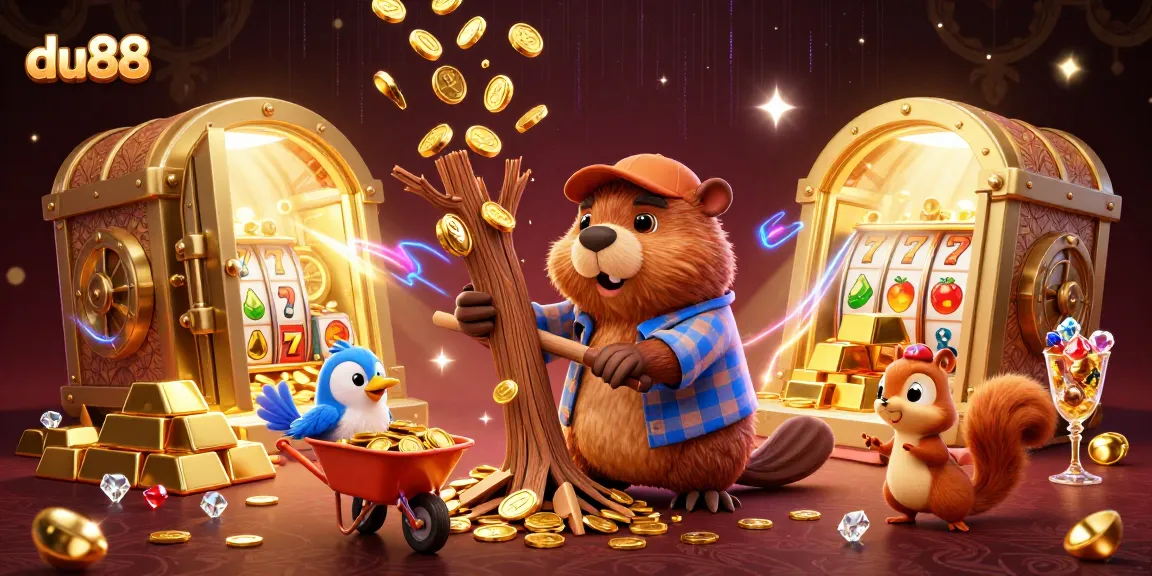 Play and win big at du88 with a captivating casino adventure featuring a beaver and gold treasures.