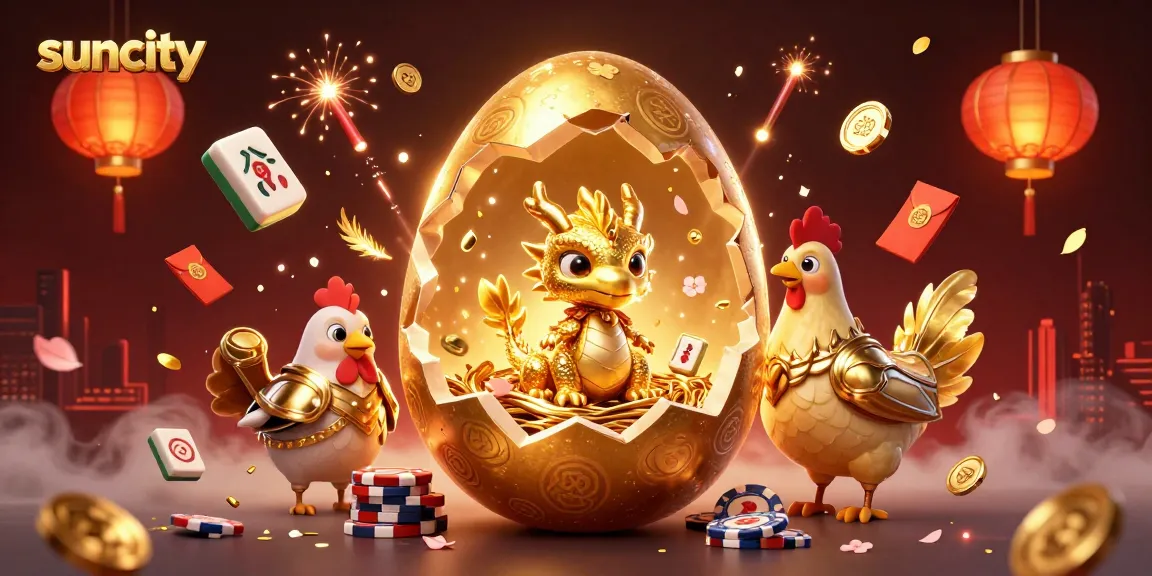 Experience exciting gameplay at Suncity with a golden dragon guarding poker chips amidst vibrant casino elements.
