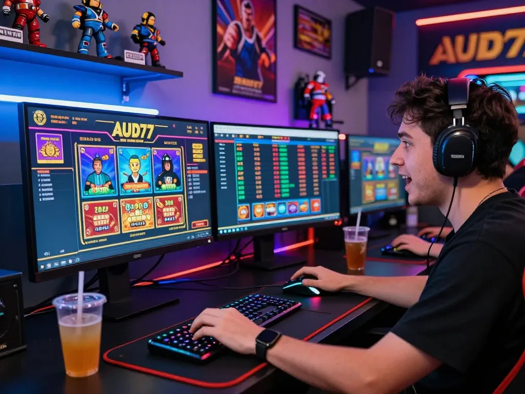 Player enjoying AUD77 online casino with vibrant graphics and gaming gear.