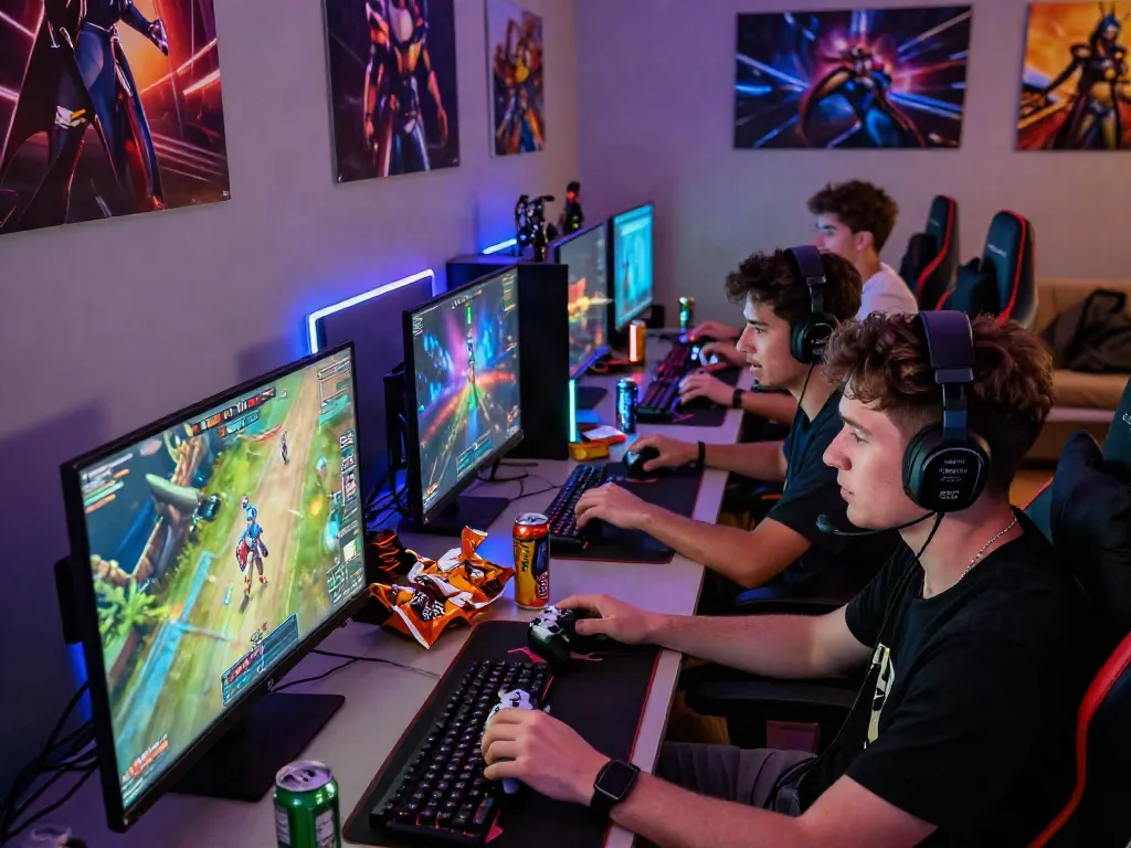 Friends playing rokok88 multiplayer games in a vibrant gaming room, surrounded by snacks and gaming gear.