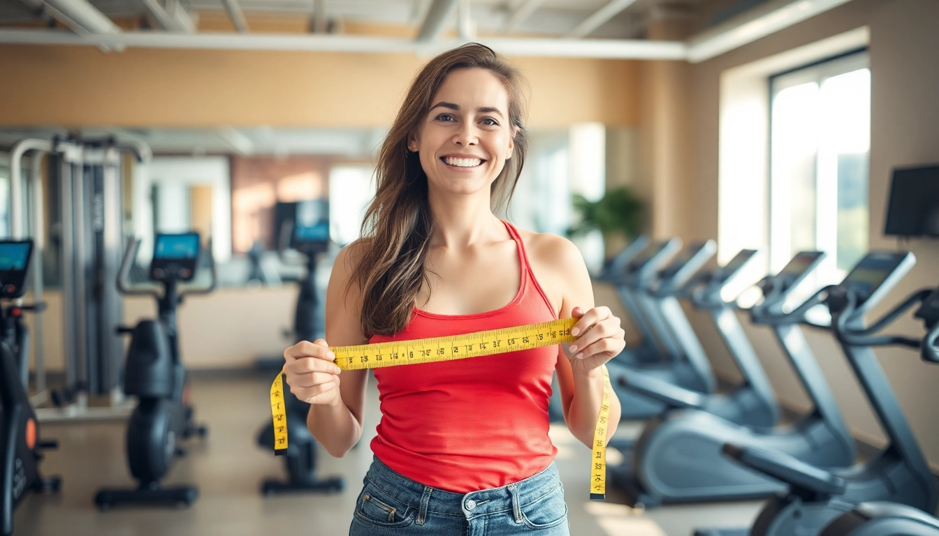 Person im Fitnessstudio, die motiviert ihr Ziel des Gewichtsverlusts erreicht.
