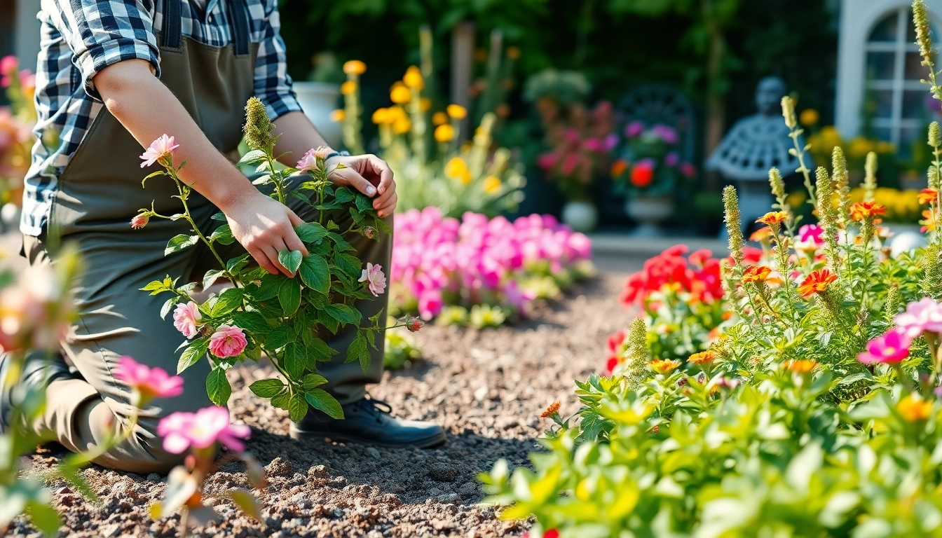 Gartenbau – Professioneller Gärtner schneidet Pflanzen in einem bunten Garten.