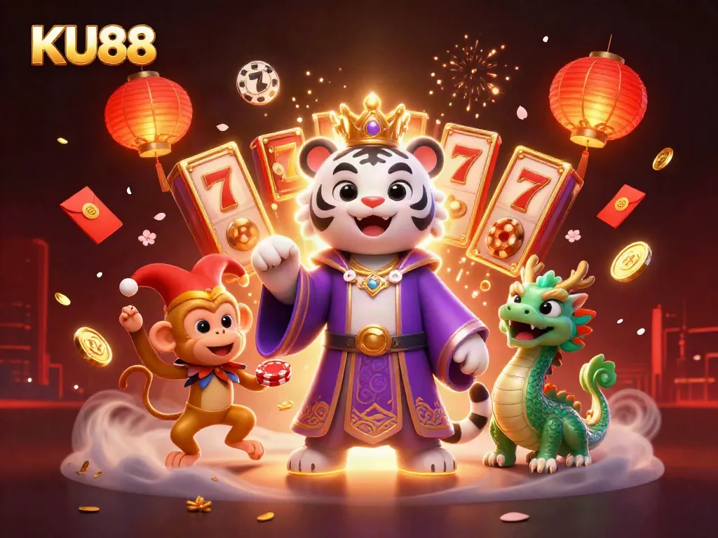 KU88 showcases an elegant tiger and monkey in a vibrant slot-themed casino scene.