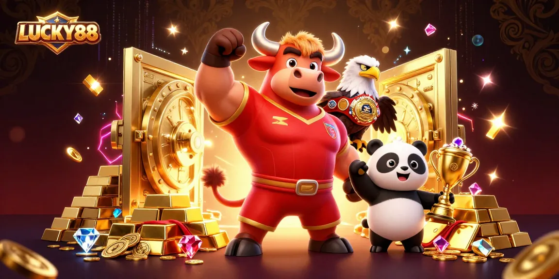 LUCKY88 showcases a dynamic casino scene with a bull mascot, eagle, and panda celebrating victories.