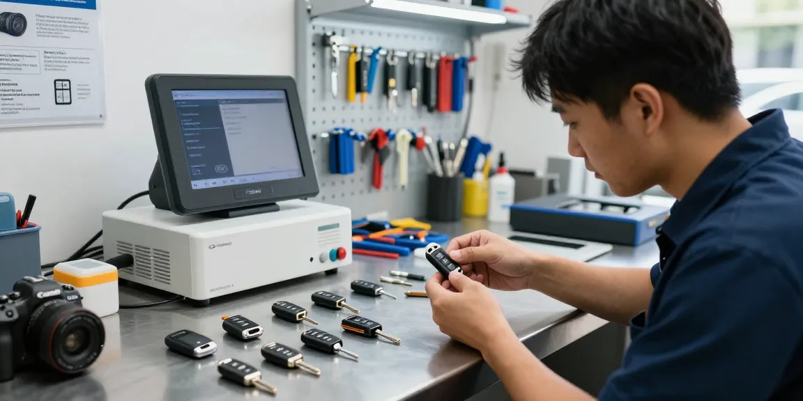 Präziser Autoschlüssel Ersatz: Bitte schön, Schlüsseltechniker im modernen Workshop.