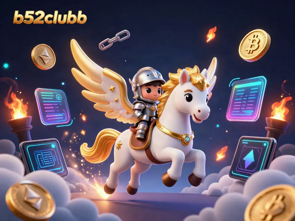 Bet big at b52clubb with a vibrant, engaging 3D gaming scene featuring Bitcoin and Ethereum.