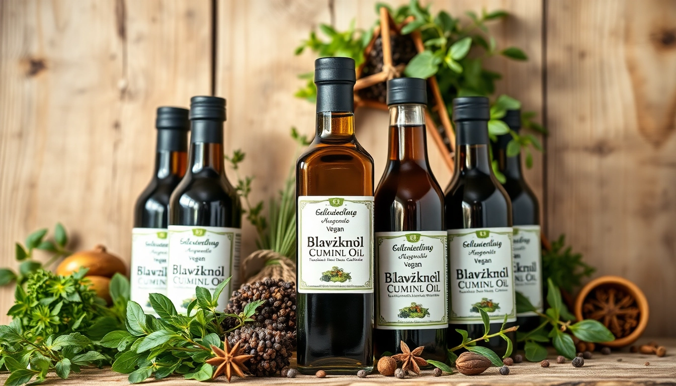 Veganes Schwarzkümmelöl in stylish arrangement showcasing health benefits and freshness.