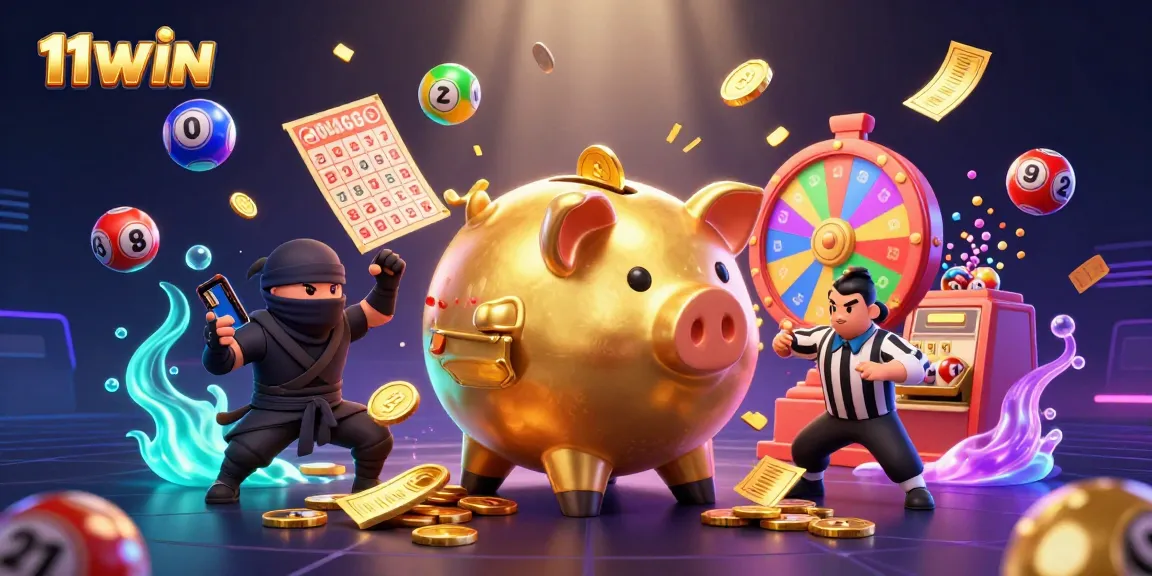 11WIN takes the spotlight in this vibrant casino-themed illustration of a lively gaming scene.