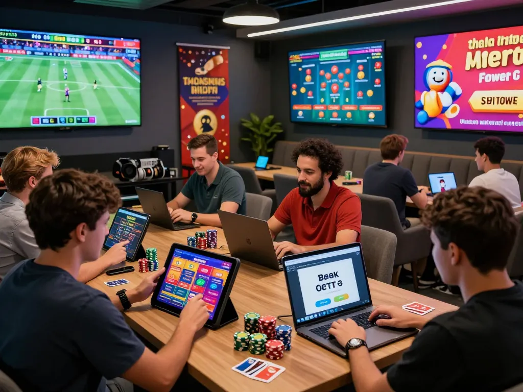 Exciting online betting atmosphere with players engaging on electronic devices at trang chủ Onbet, showcasing dynamic gaming elements and vibrant promotional displays.