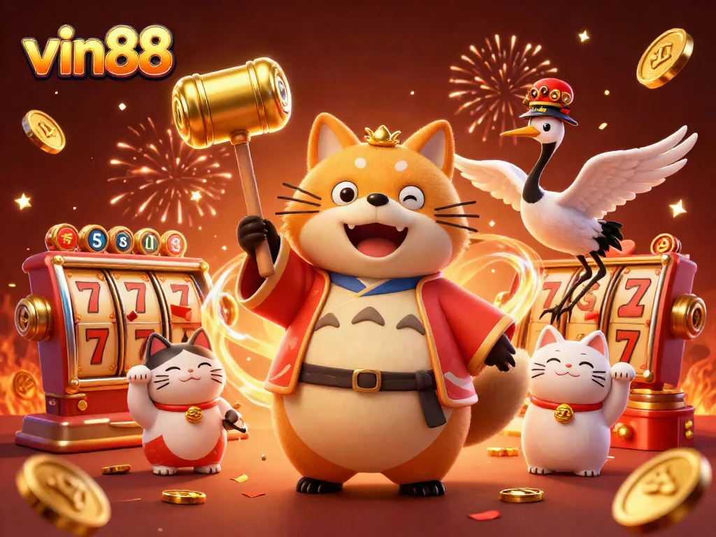 vin88 promotes excitement with a joyful tanuki, slot reels, and vibrant atmosphere in this dynamic casino scene.