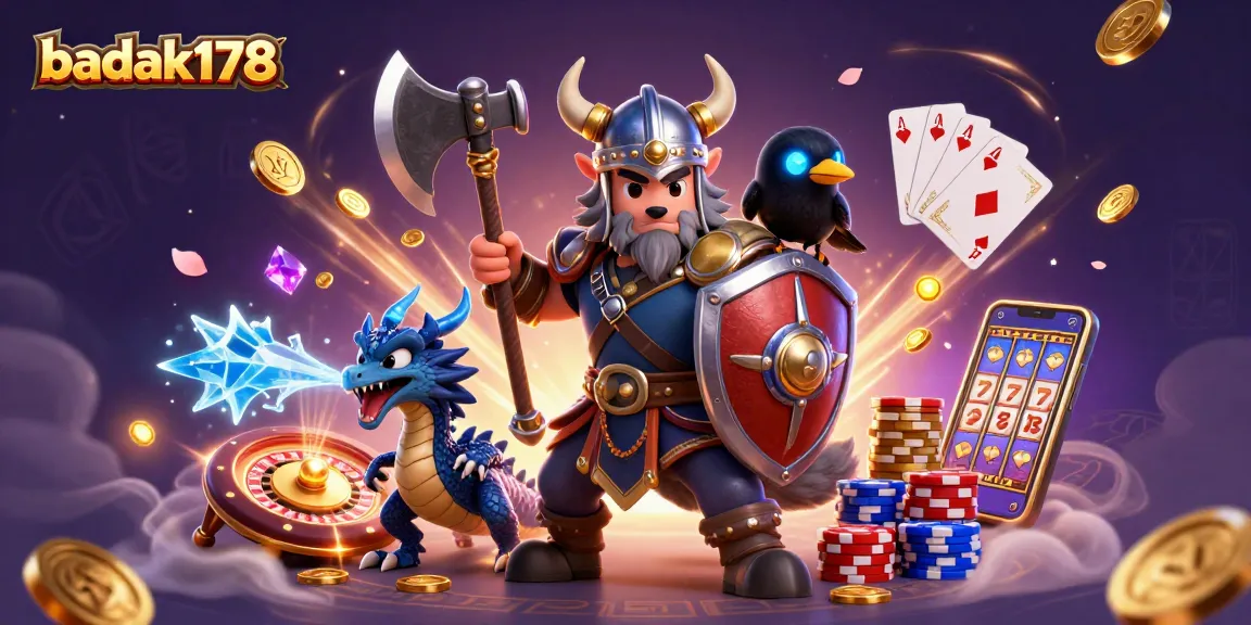 Engage with badak178 gaming adventures featuring a Viking wolf warrior, fierce dragon, and vibrant casino elements.