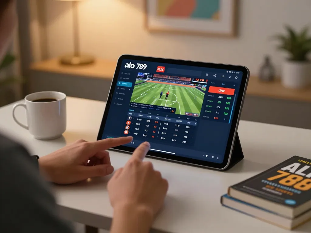 Alo 789 user engaging with sports betting app interface on a tablet at home, showcasing the excitement of online gambling