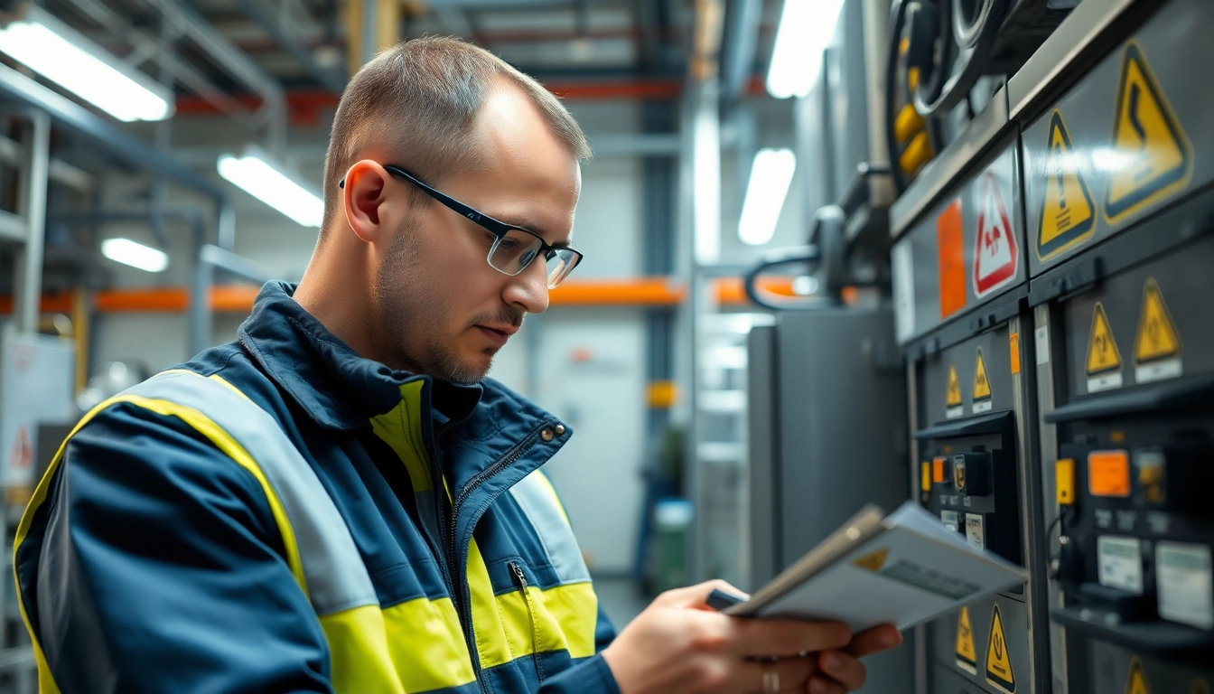 Techniker bei der DGUV V3 Prüfung in einem Industrieumfeld mit Sicherheitsvorkehrungen.
