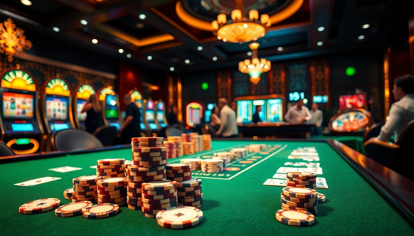 Xoso66 players enjoying a vibrant casino atmosphere with poker chips and slot machines.