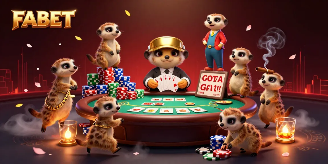FABET casino scene with meerkats managing poker games and colorful poker chips around.