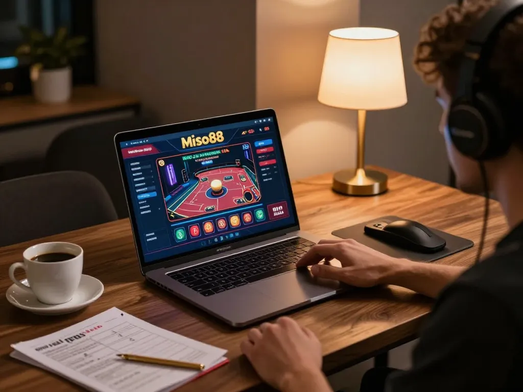 Miso88 online casino gaming setup with a person engaged in a game on a sleek laptop, promoting strategic play.