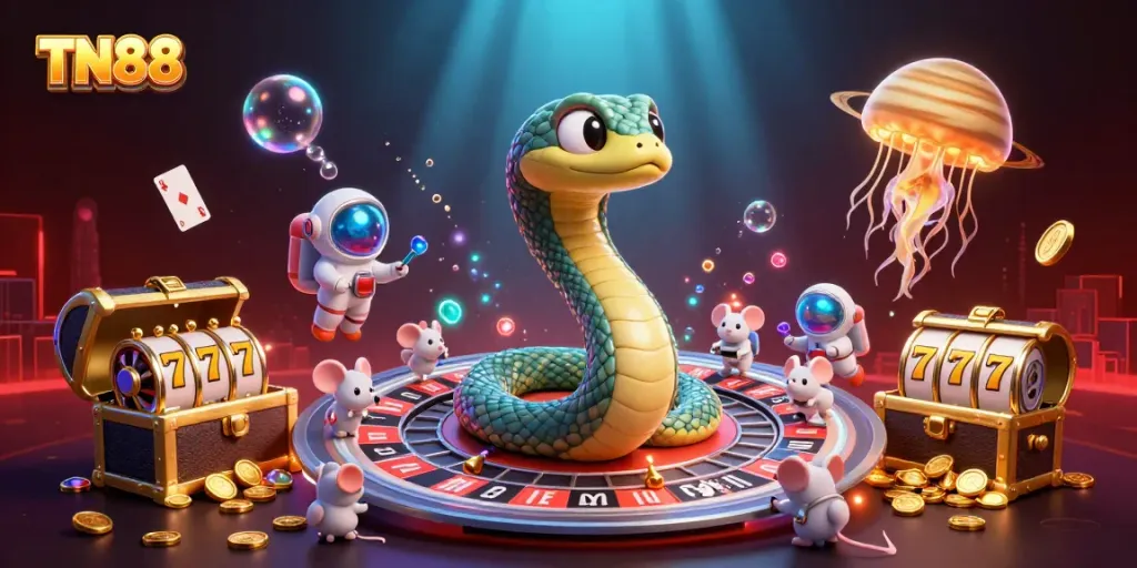 Place bets in the cosmic TN88 casino with vibrant characters and games in a colorful illustration.