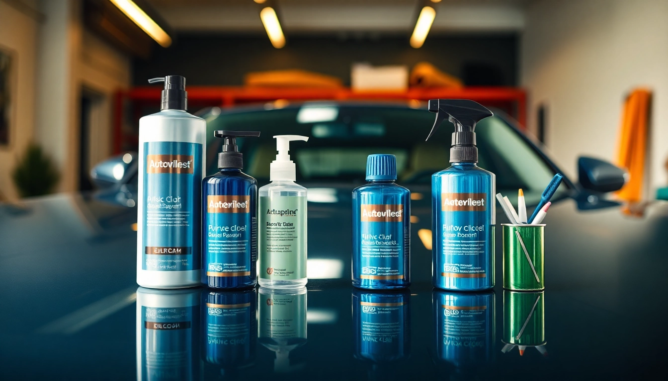 Detailing Produkte auf einem modernen Autopflege-Tisch zeigen ihre glanzvolle Qualität und Effektivität.