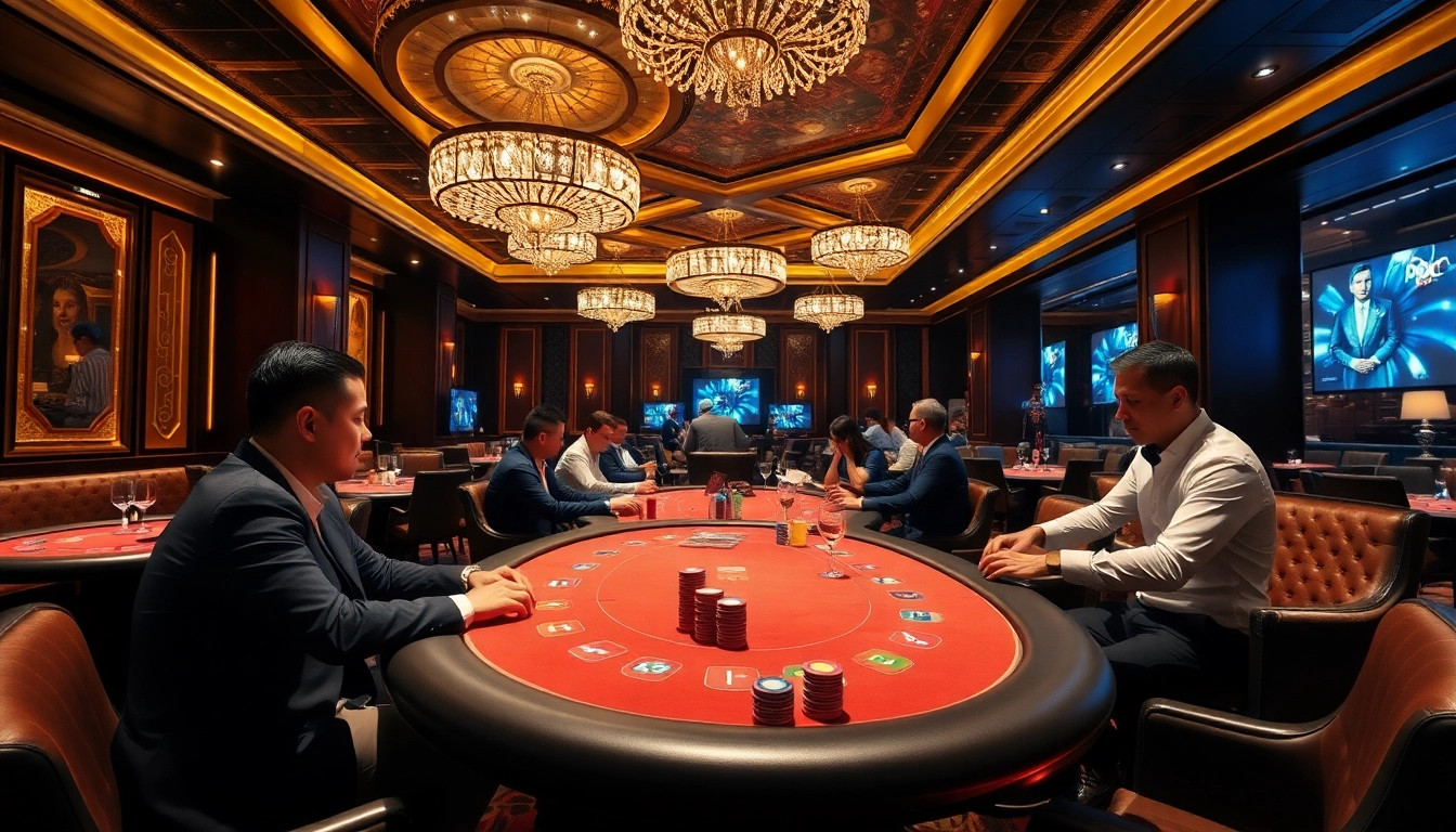 Erleben Sie WestAce Germany in einem eleganten Casino-Ambiente mit Spielern und Pokerchips.