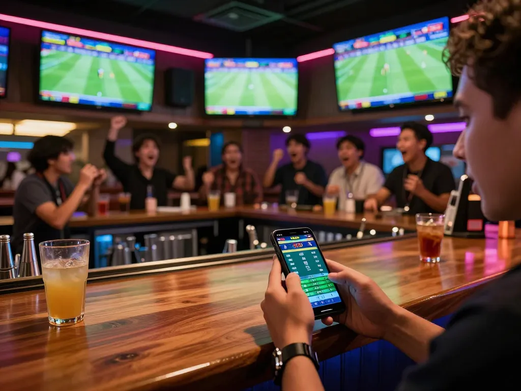 Person engaging in แทงบอล at a sports bar with live matches and smartphone betting interface