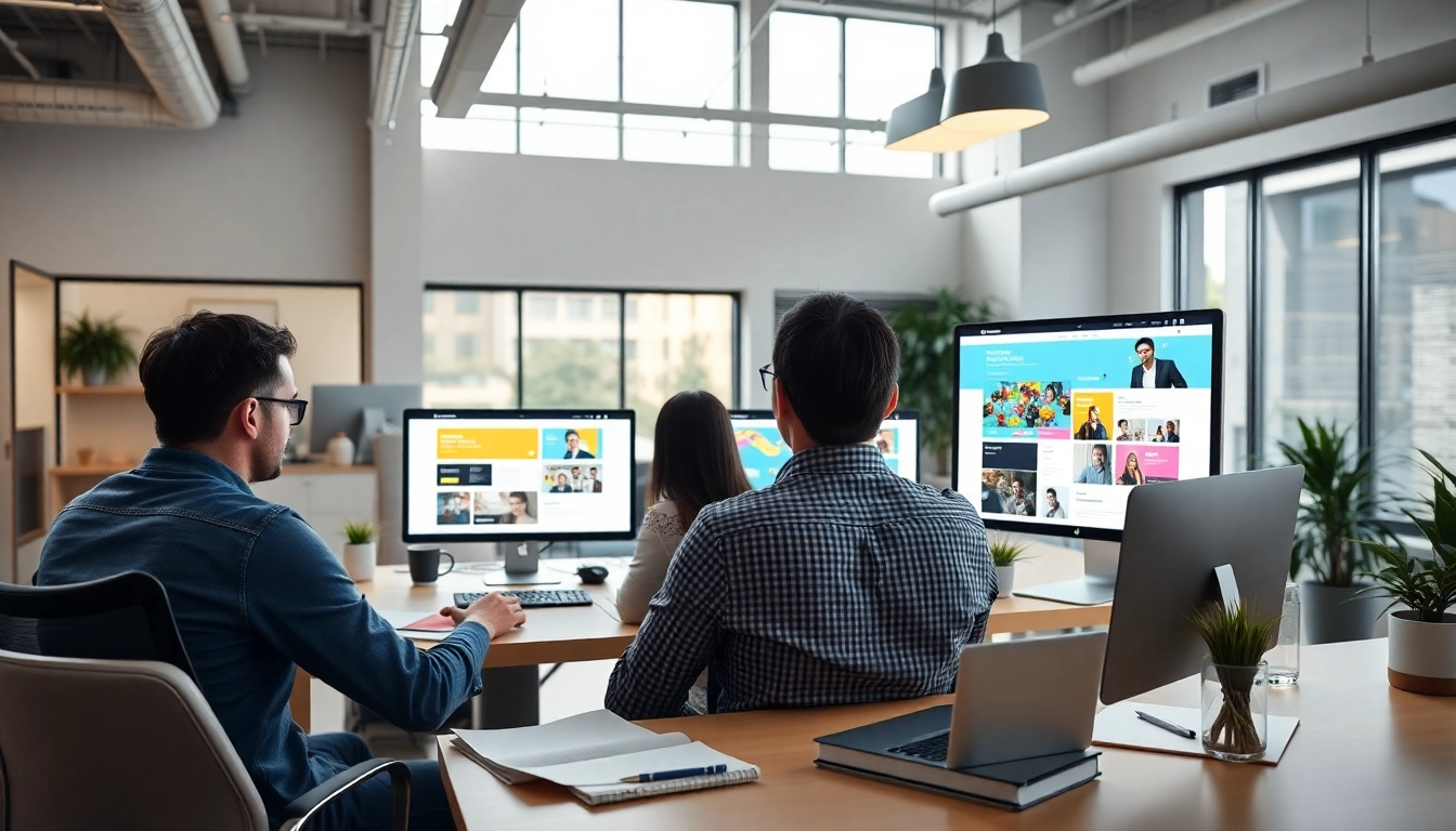 Webflow Agentur team collaborating on designs in a vibrant, modern workspace.