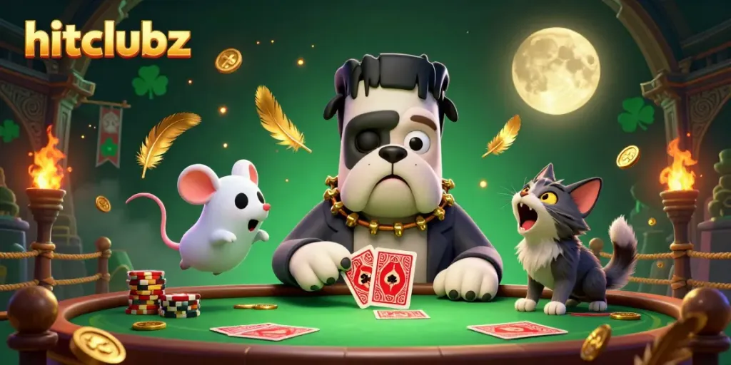 Engage with the vibrant hitclubz casino scene featuring a Frankenstein bulldog dealing cards amidst ghosts and golden elements.