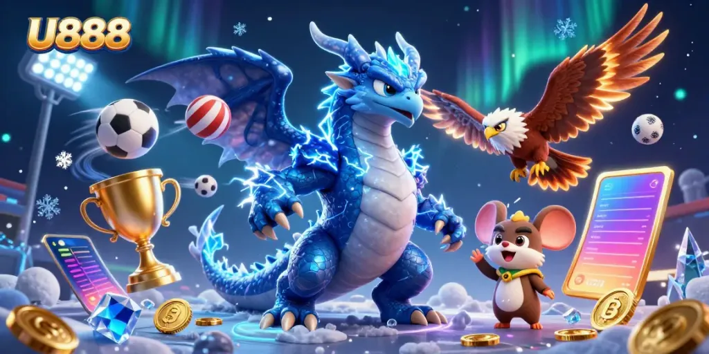 Experience thrilling gambling with U888, featuring a powerful thunder dragon and dynamic sports elements.