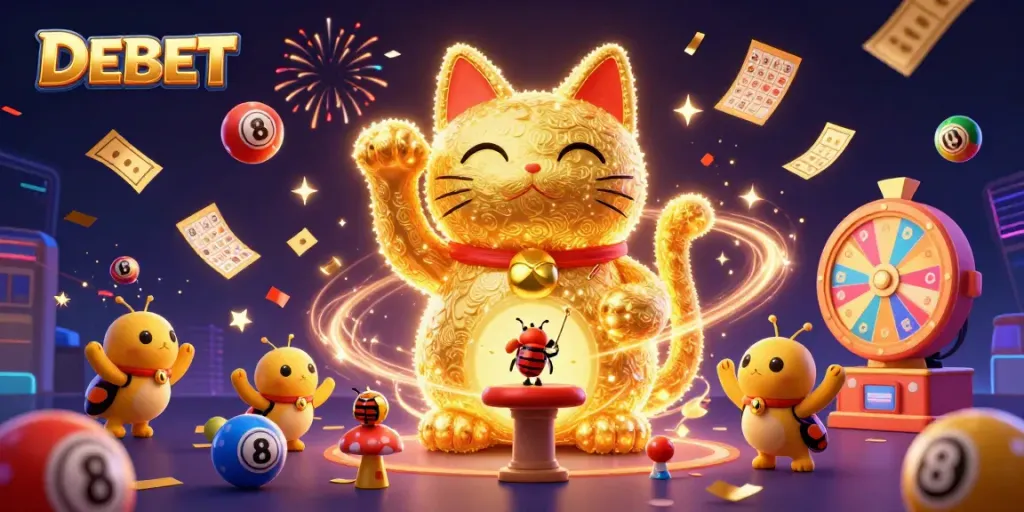 Join the DEBET gaming excitement with a dynamic lucky cat illustration amidst colorful casino symbols.