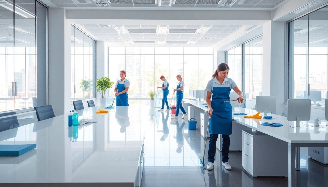 Effektive Hofreinigung in modernem Büro mit professionellem Reinigungsteam.
