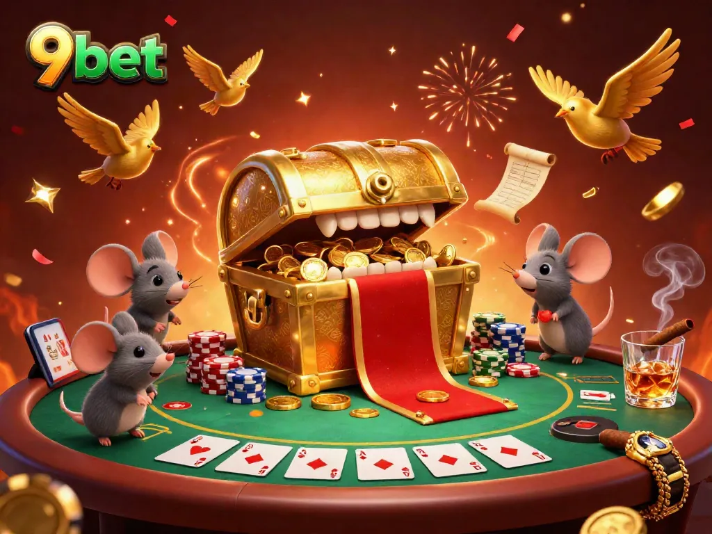 Engage with 9bet's thrilling gaming atmosphere featuring a treasure chest and poker excitement.