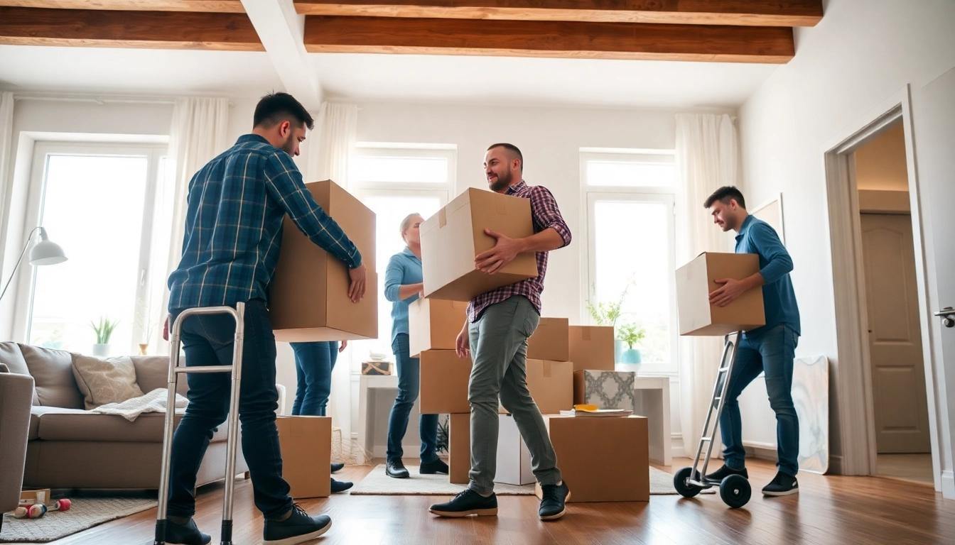 Berlin Umzugsunternehmen packt effizient Möbel und Kartons in einer hellen Wohnung.