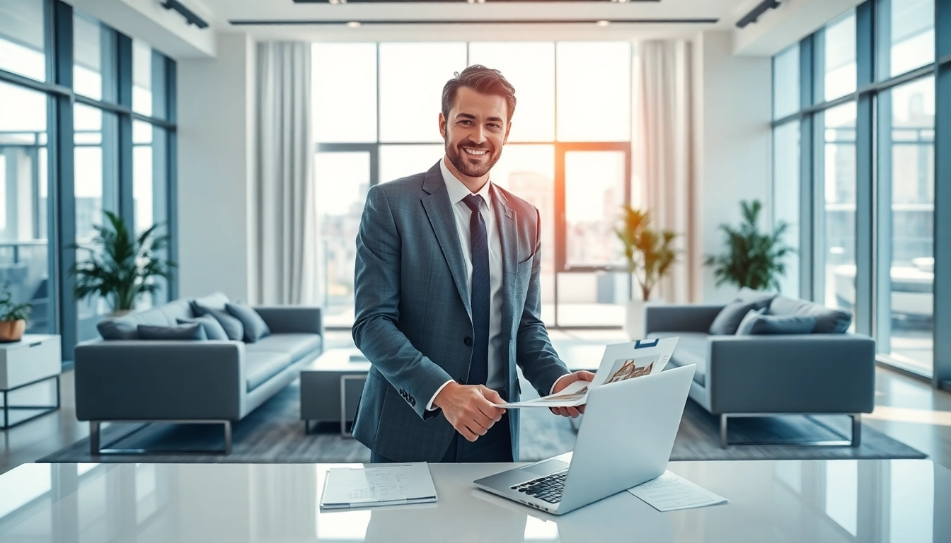 Immobilienmakler Frankfurt Riedberg in einem eleganten Büro, vertrauensvolle Atmosphäre schaffen.