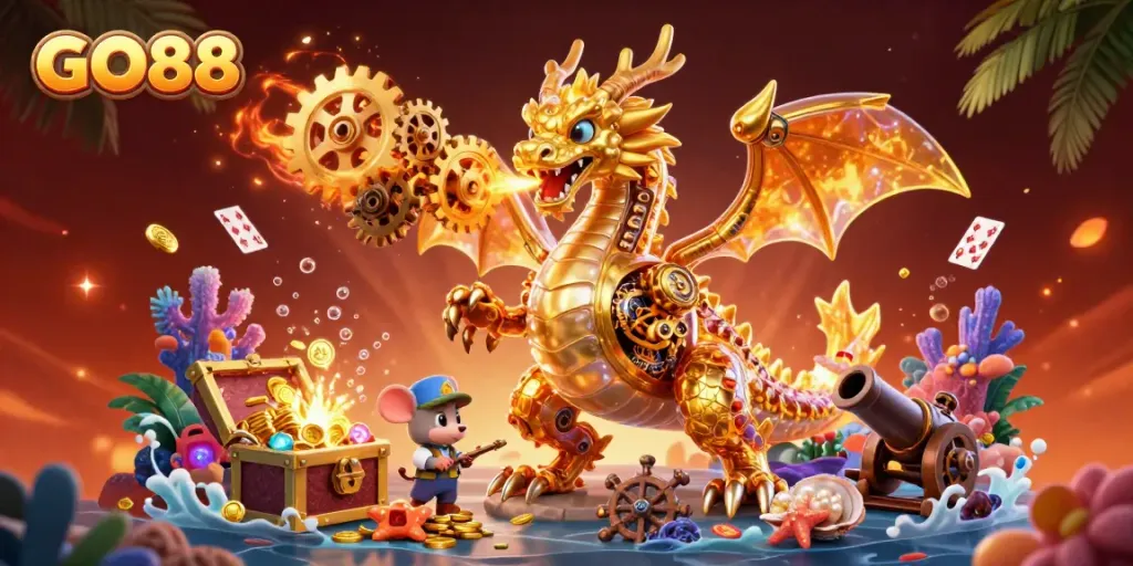 Experience the thrill of GO88 with dynamic casino elements featuring a golden dragon, engineer, and treasure bursts.