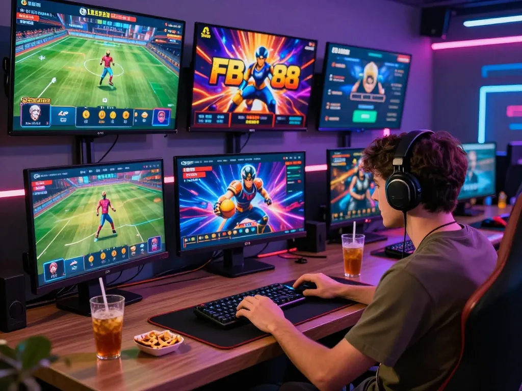 Player engaging in thrilling online betting on FB88 platform with vibrant game displays and cozy ambiance.