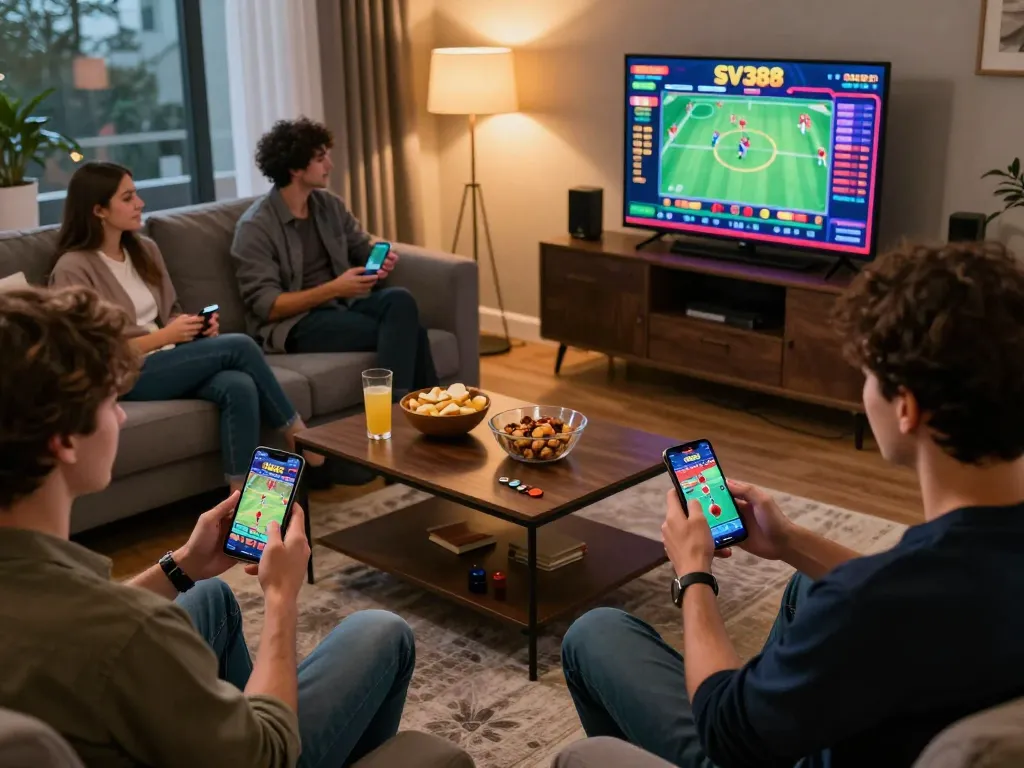 SV388 live cockfighting app engaged by a player in a cozy home setting showcasing dynamic gameplay.