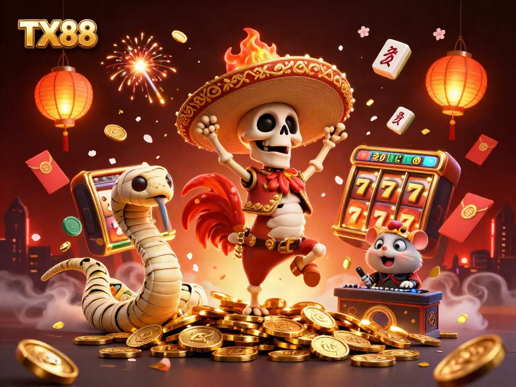 TX88 features a vibrant, animated scene of a skeleton mariachi rooster celebrating amid casino symbols and festive elements.