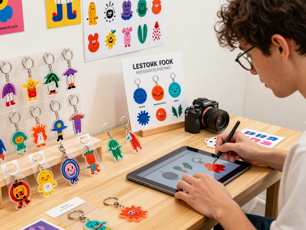 Custom acrylic keychains displayed in a vibrant e-commerce setup, showcasing the craft of personalized design.