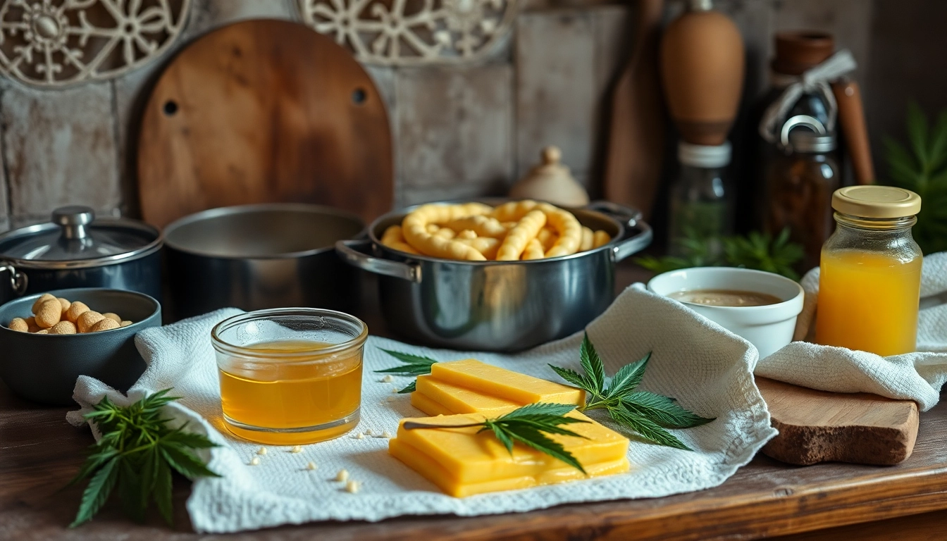 Leckere Haschkekse mit Cannabisbutter auf einer rustikalen Küchentheke zubereiten.