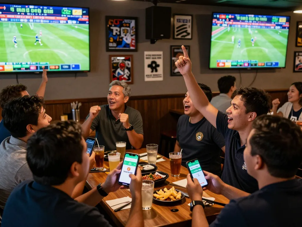 Fans engaging in tỷ số trực tuyến 7m betting at lively sports bar during major game