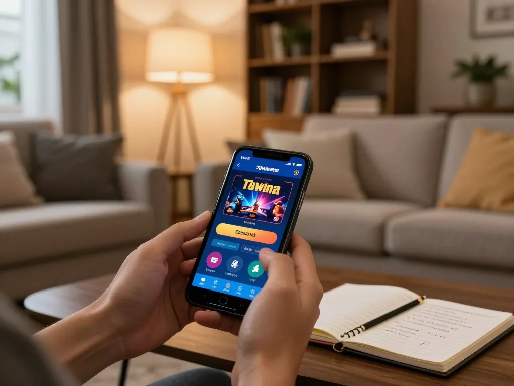 Engaging mobile gaming experience with 78winvina app in a cozy home setting
