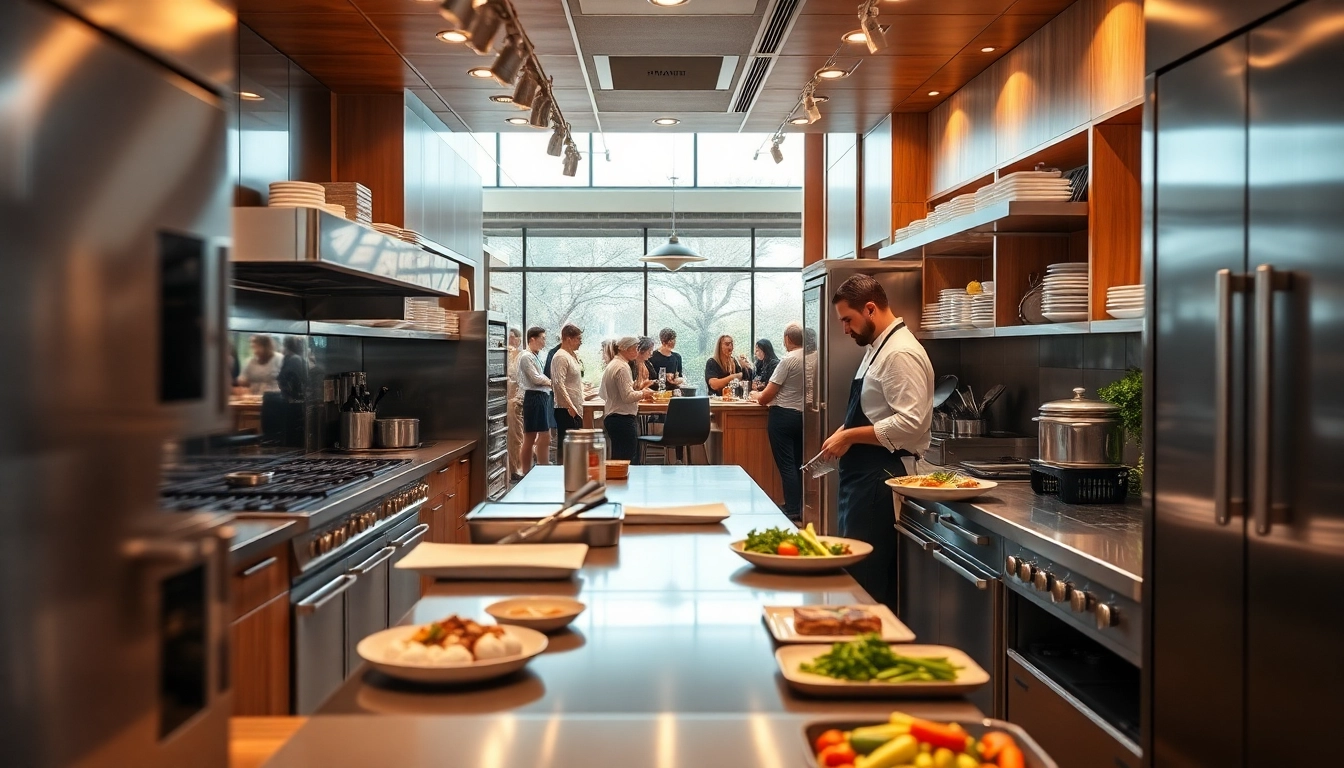 Gastro Equipment in a modern kitchen with stainless steel appliances and a chef preparing dishes.