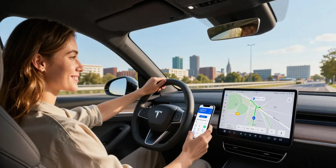 Kfz Versicherung in Dortmund: Paar genießt entspannte Autofahrt mit modernem Auto und Versicherungsvergleichs-App.