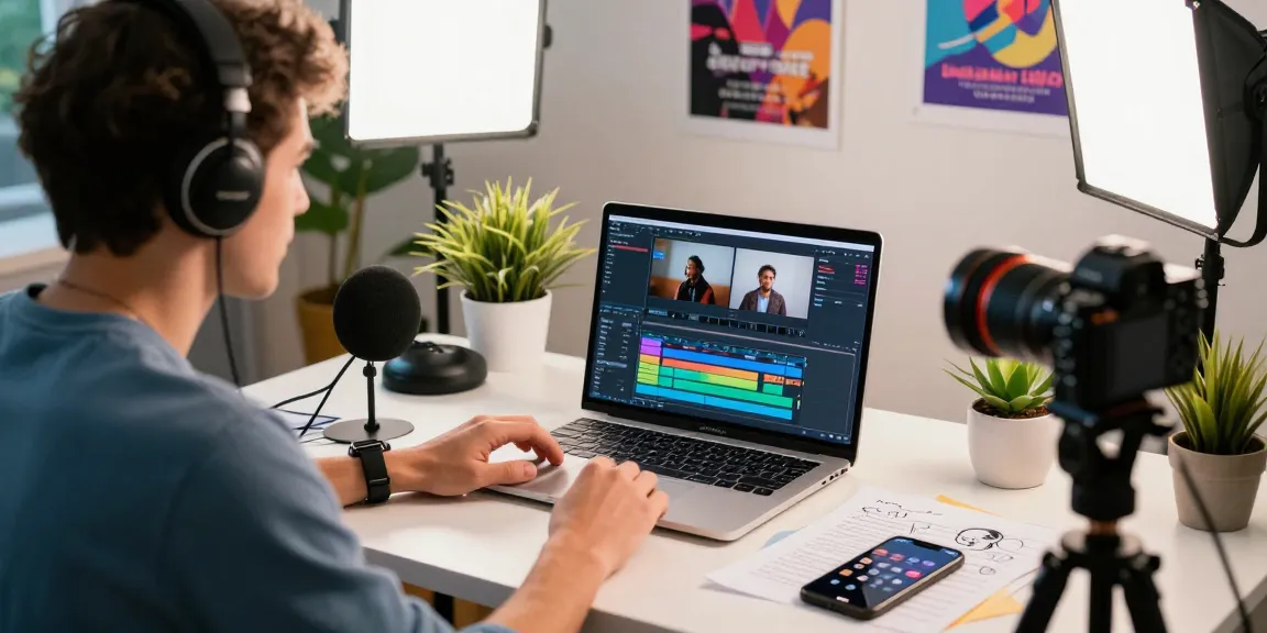 Influencer beim YouTube Likes kaufen, kreatives Studio mit Kamera und Laptop.