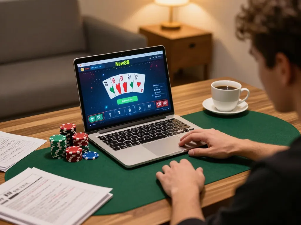 Engaging online poker game on New88 com showing vibrant gameplay in a cozy home setup.