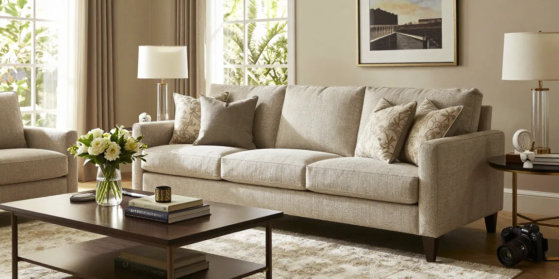 Baxter Sofa kaufen online, präsentiert in einem luxuriösen Wohnzimmer mit warmem Sonnenlicht, das sein elegantes Design und die umliegende Dekoration hervorhebt.