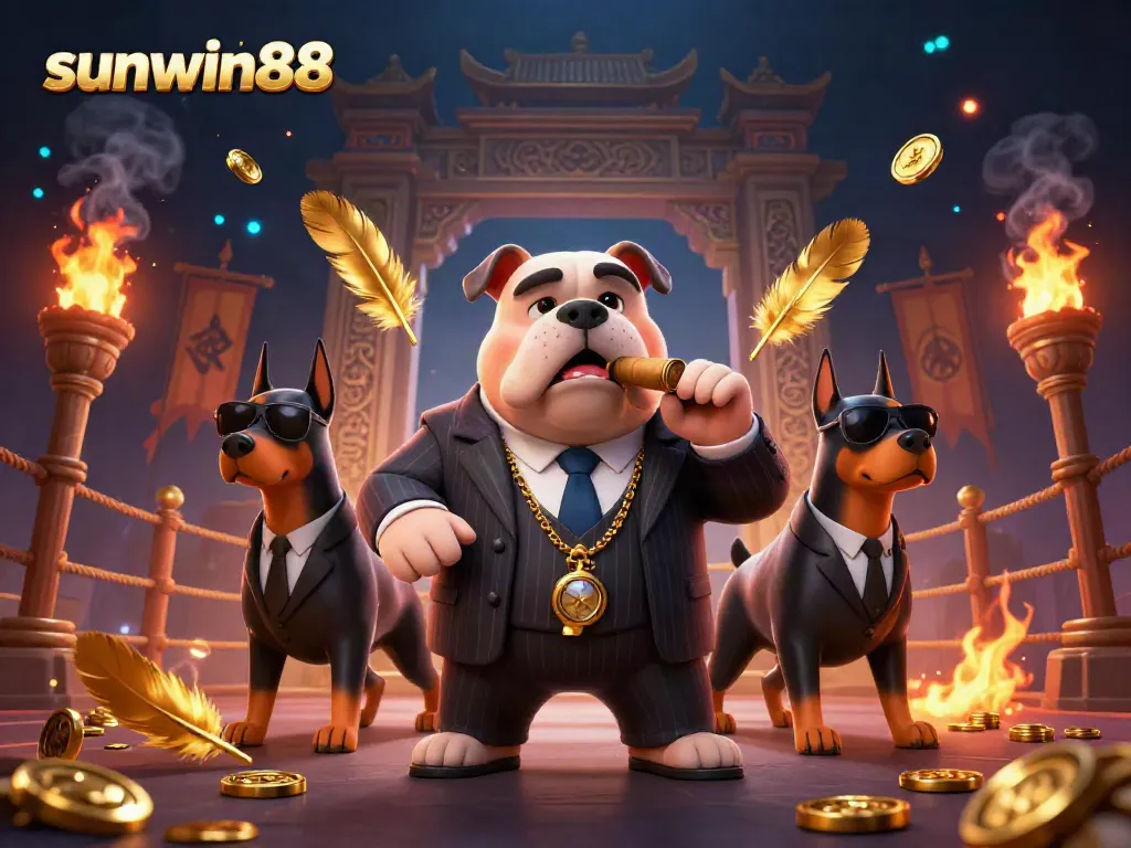 Experience thrilling gameplay with sunwin88, featuring a mafia boss bulldog and bodyguard Doberman pinschers in a dynamic casino scene.