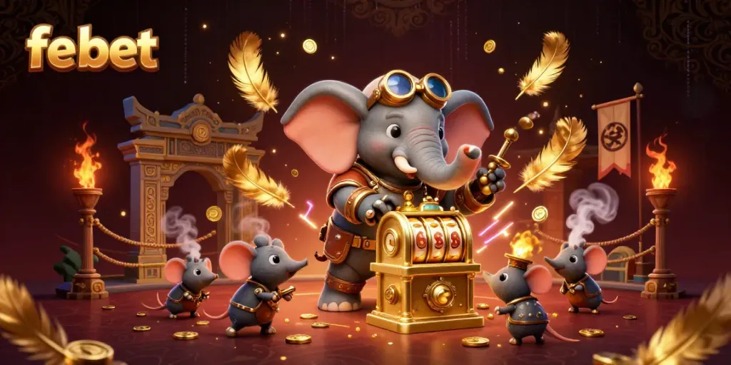 Experience winning moments with fe bet, showcasing a steampunk elephant and vibrant casino elements.