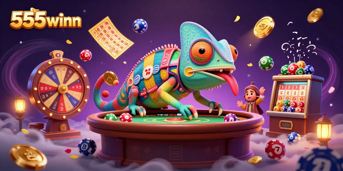 Engage with 555winn's vibrant casino world, featuring a chameleon owner and dynamic gaming elements.