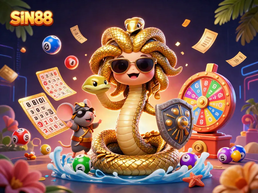 SIN88 brings excitement with its colorful gambling elements and friendly characters in a vibrant casino scene.
